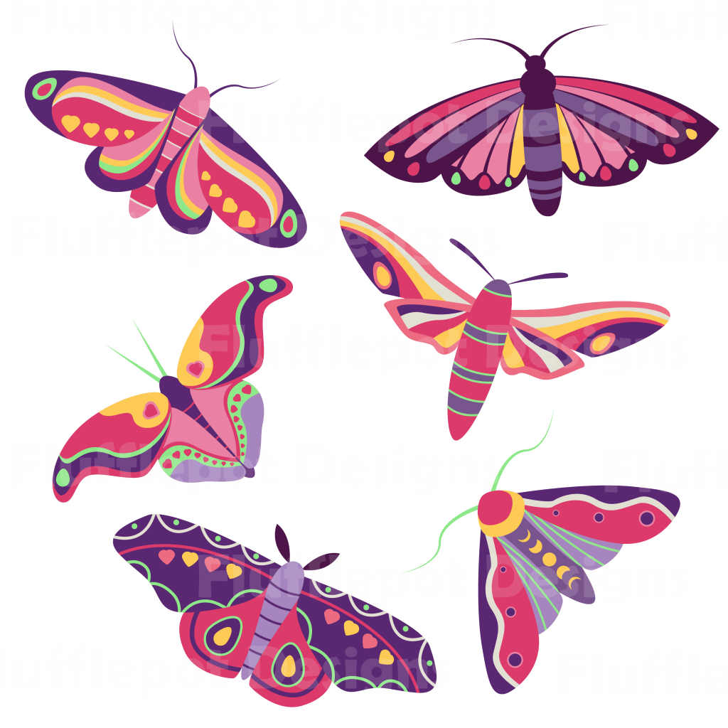 brightly coloured pink purple green and yellow vector moths 
