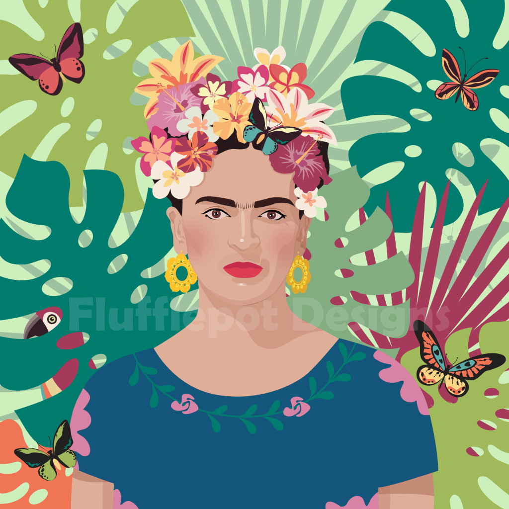 Frida Kahlo vector with tropical flowers, palms, and butterflies