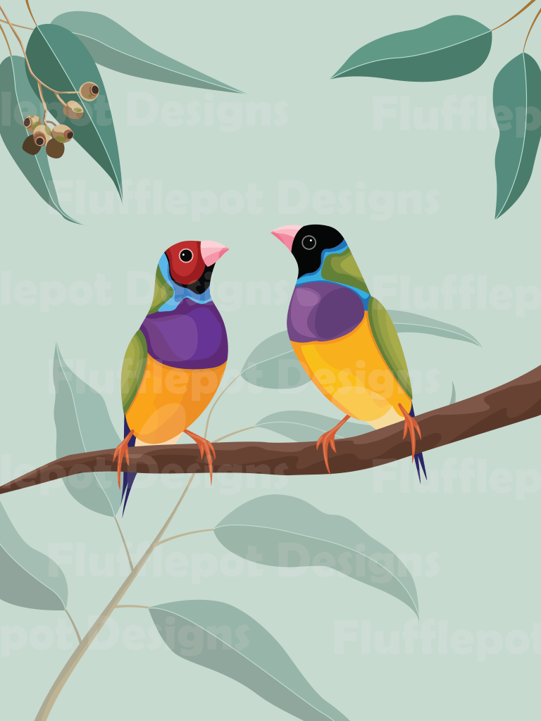 Gouldian Finches sitting on branch in vector style