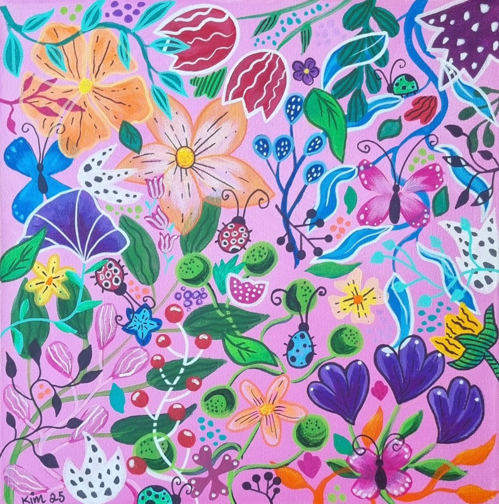pink acrylic abstract painting of flowers bugs and butterflies