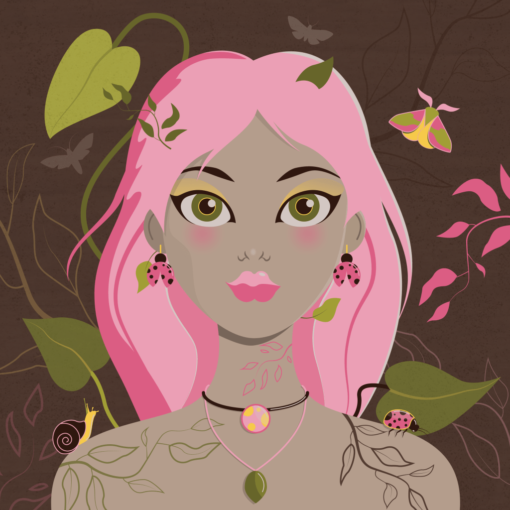 digital vector artwork of cute girl with pink hair, lots of bugs and moths in pink, brown and green 